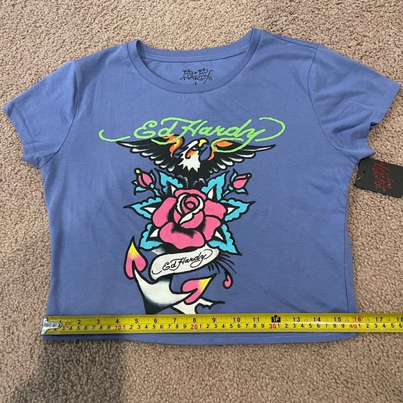 ED HARDY Pale Blue Graphic Print Crop Top Tee - Picture 5 of 9